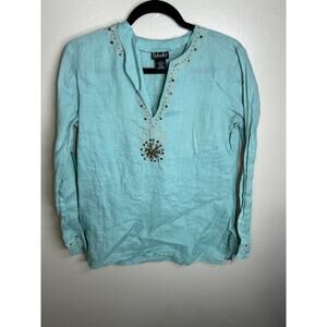 Rafaella Womens Linen Shirt Size 8 Green Embroidered Top